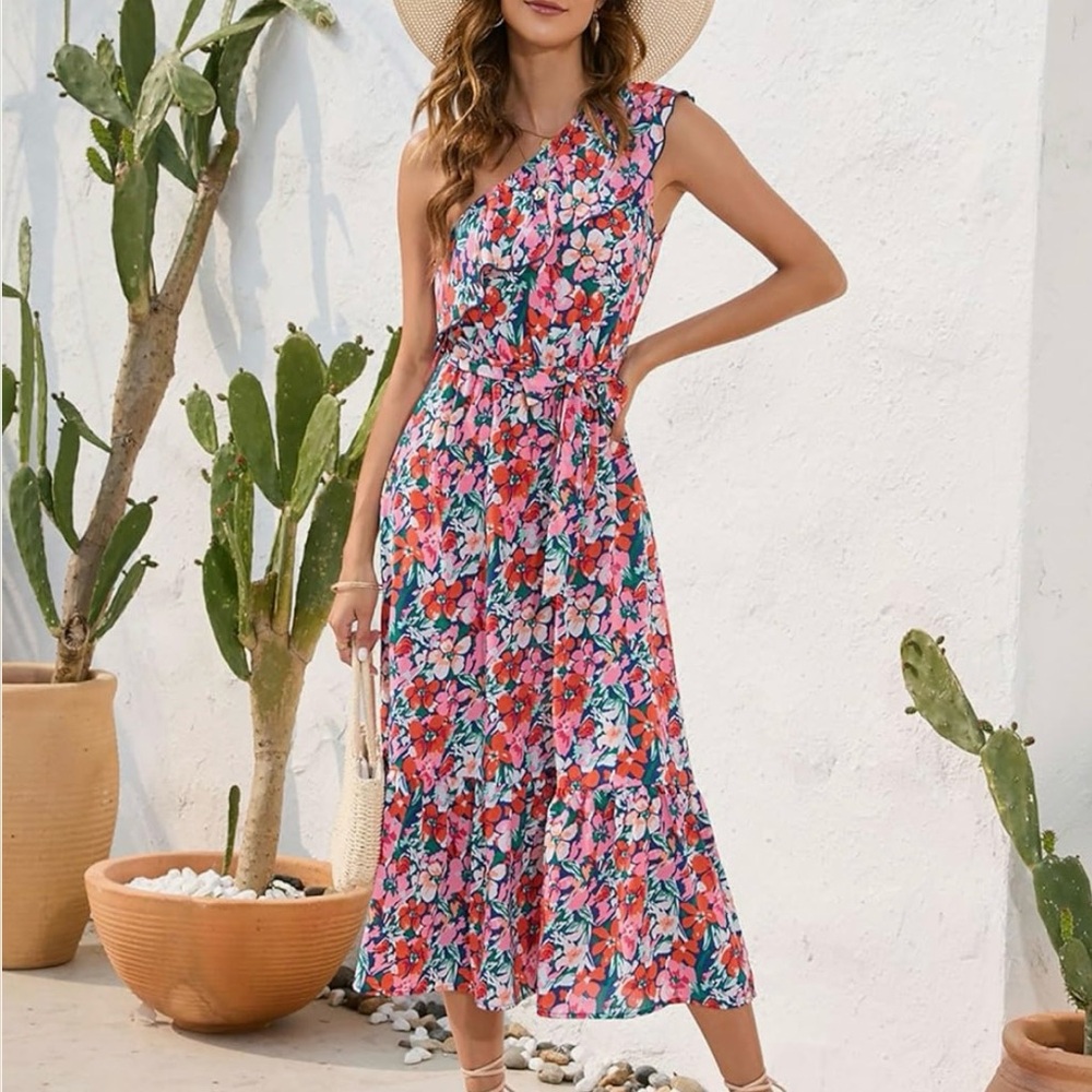 NWT Floral One-Shoulder Pink Midi Dress Size Large